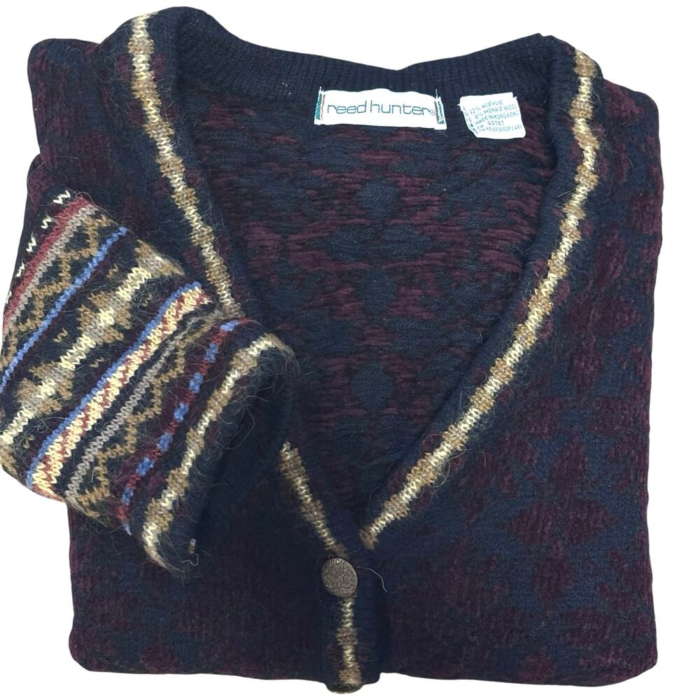 Vintage Reed Hunter Mohair Chenille Geometric Cardigan Sweater Jewel Tone Small